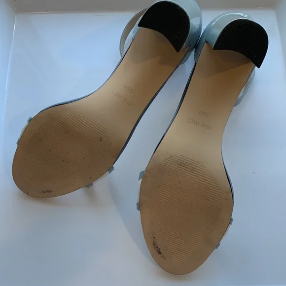 Nine West Paisley Open Toe Blue Patent Leather Block Heel Sandals - Picture 14 of 16